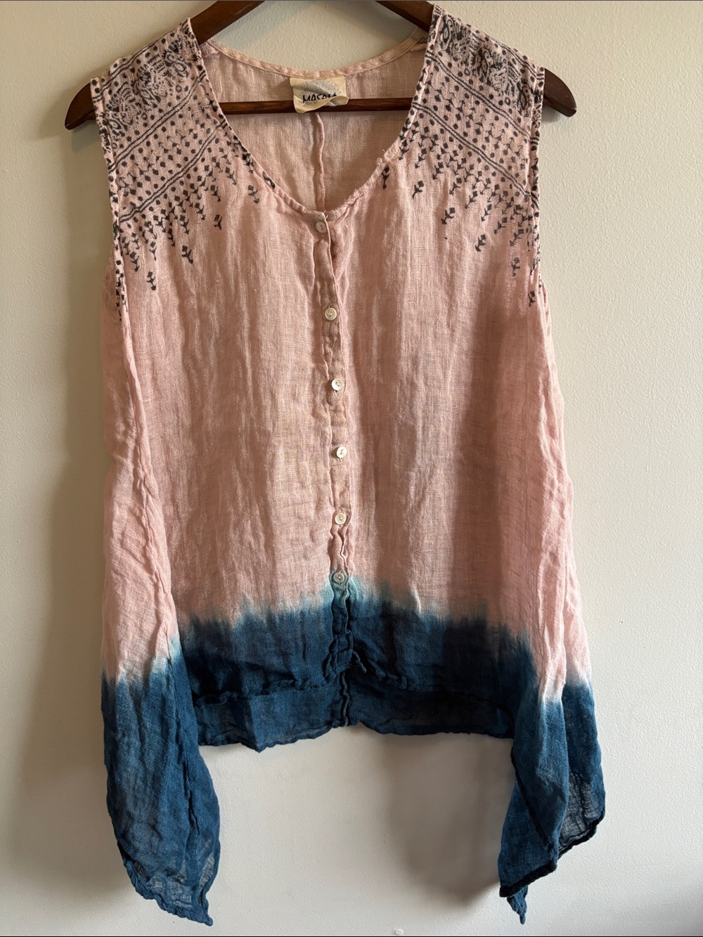 Masala 100% Linen Pink Blue Dip Dye Handkerchief Hem Tunic XL